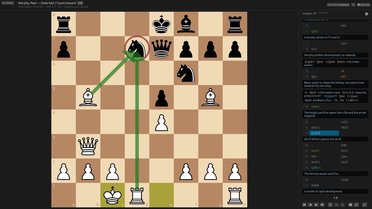 ChessPenguin game screen: Morphy's Opera game on a large board, with notation, comments and a variation on the right.