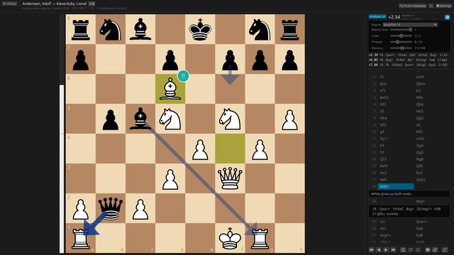 Live Stockfish analysis of the Immortal Game: three engine lines, evaluation bar and blue arrows for the best moves.