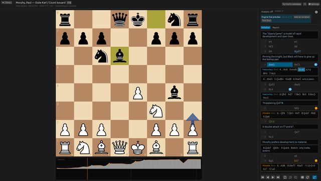 Engine line preview: the board shows a move inside an engine line, with buttons to add it as a variation or exit.