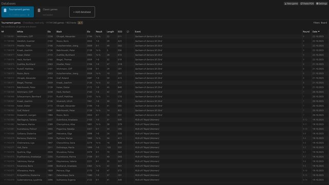 The library: several databases on a shelf and a sortable table of games.