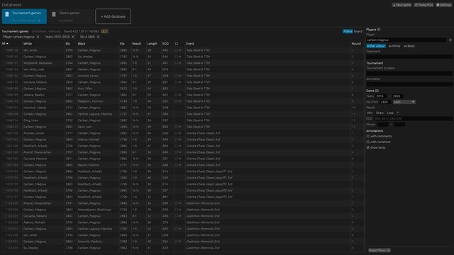 A database of millions of games filtered by player, years and rating, with the active conditions above the table.